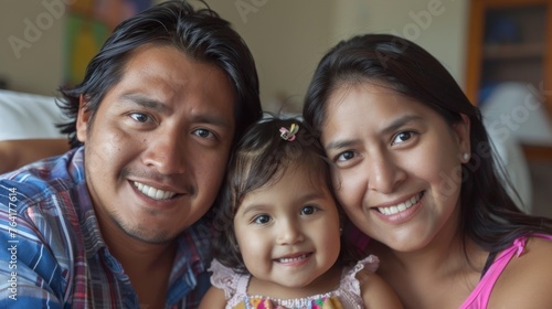 A man and a woman are smiling at a little girl. The family is happy and enjoying their time together