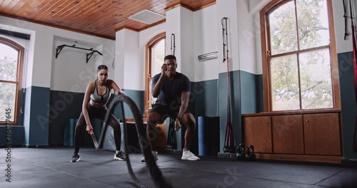 A man and woman workout with ropes in gym building photo