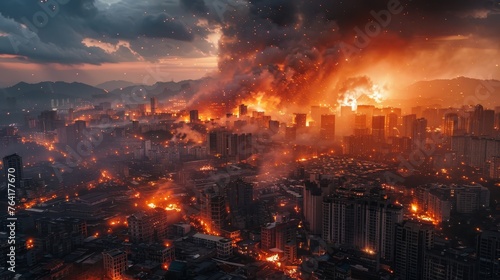 A dramatic cityscape shows a catastrophic explosion engulfing buildings in flames against a dusky sky  depicting an apocalyptic scenario.