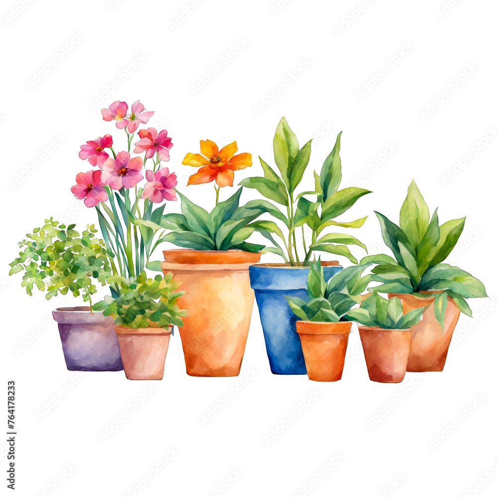 Different flower pots, multiple potted plants, beautiful flowers, foliage, garden, green house, nature, for craft, presentation, journals, cutout on white background, many flower pots together