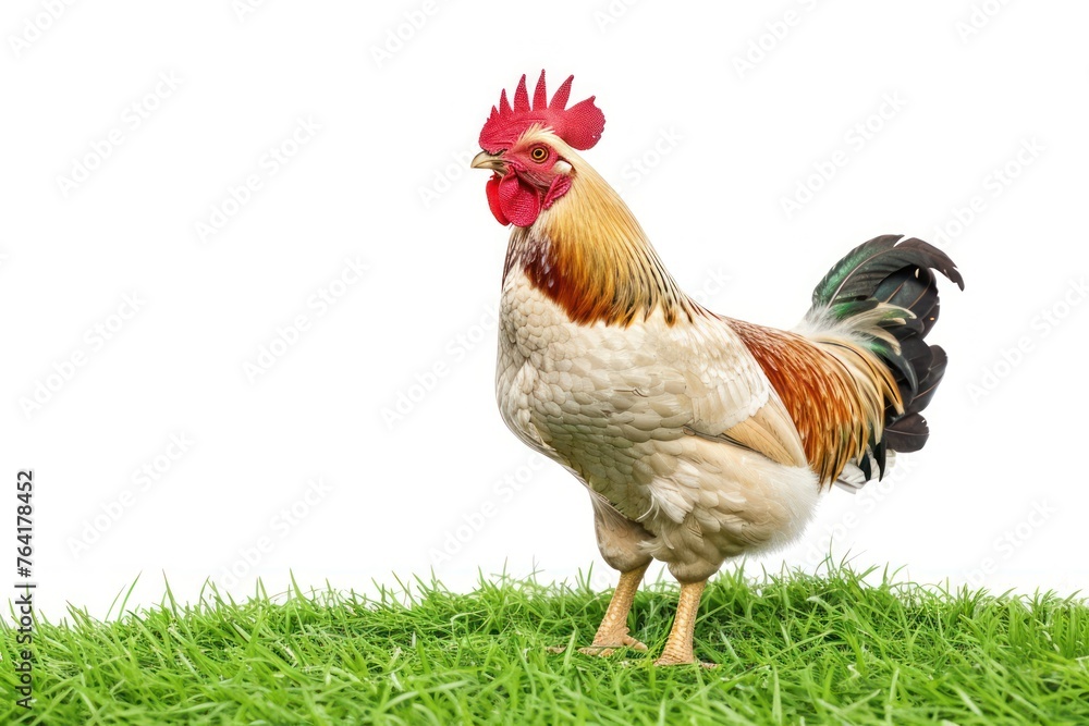 Fototapeta premium Farm animal Chicken stands on green grass on a white background