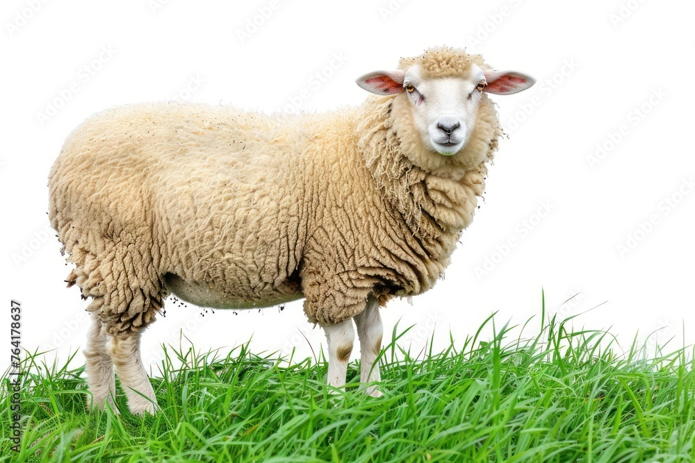 Naklejka premium Farm Sheep animal stands on green grass Isolated on white background