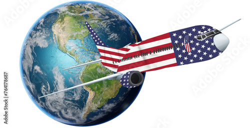 Earth globe and airplane american flag photo