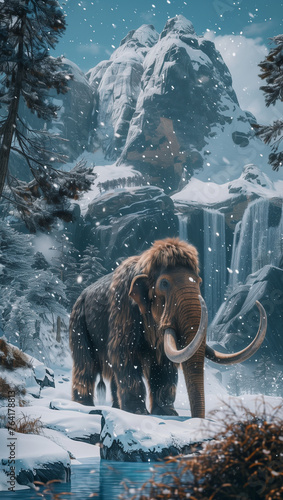 Realistic photo of a wolly mammoth extinct giant of the ice age walking in a snowy environment with mountain background
 photo