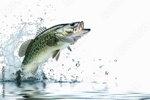Largemouth bass fish jumping out of water isolated on white background