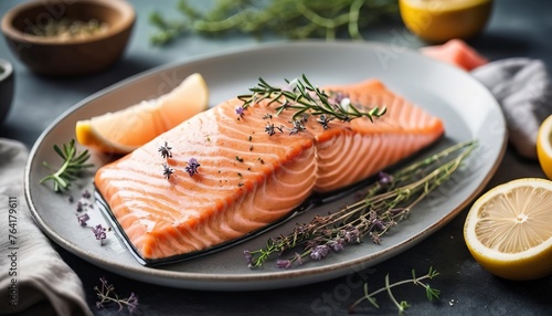 Fresh salmon with thyme food photography recipe idea