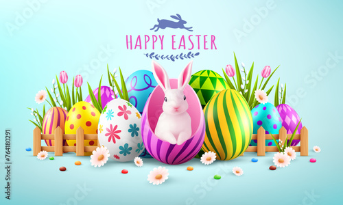 Easter poster and banner template with a white rabbit inside a pink egg , Colorful Eggs , tulips and Spring Flowers on Blue Background for Easter Day.Promotion and shopping template for Easter