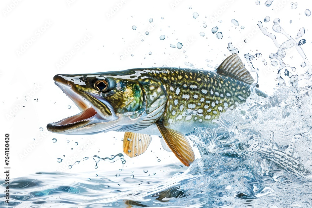 Fototapeta premium Pike fish jumping out of water isolated on white background