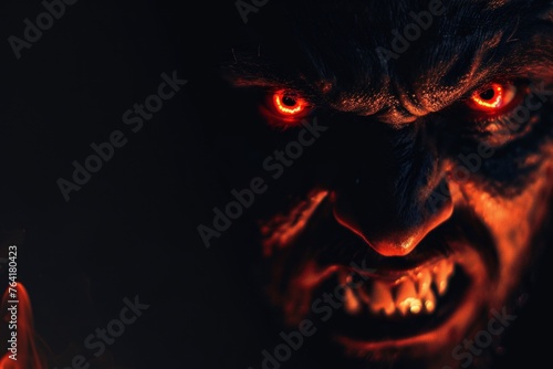 portrait of an angry demonic devil with red glowing eyes and open mouth on black background