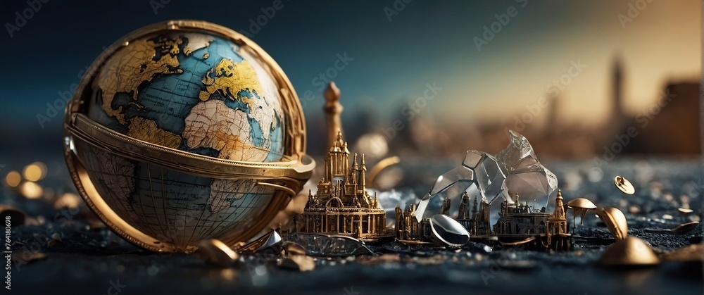 A small globe and figurines from different countries on a blurred background with bokeh. Tourism and travel concept. - obrazy, fototapety, plakaty 