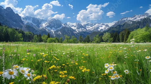 A field filled with colorful flowers with majestic mountains in the background under a clear blue sky. The flowers are in full bloom, creating a vibrant and picturesque scene. The mountains provide a 