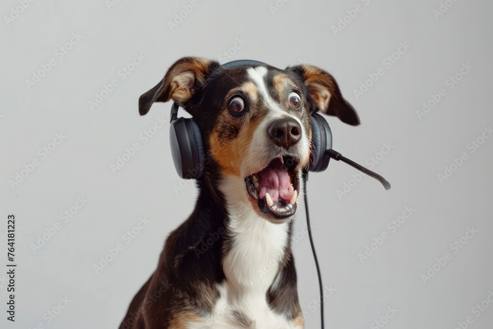 surprised dog phone operator in headset, Customer support. Consulting and assistance service call center Isolated