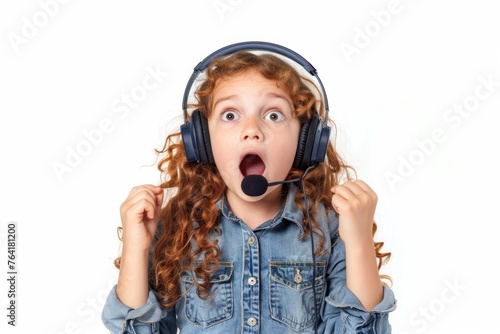 surprised child phone operator in headset, Customer support. Consulting and assistance service call centerx
