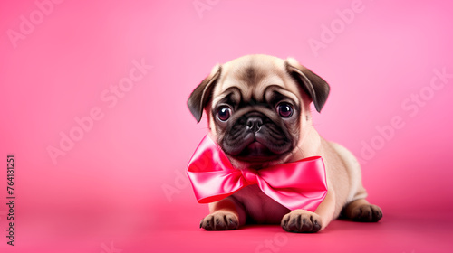 A small pug puppy in the form of a gift sits on a pink background with a bright bow around its neck. The concept of a birthday gift. A funny puppy with a place to copy text. © Nonna