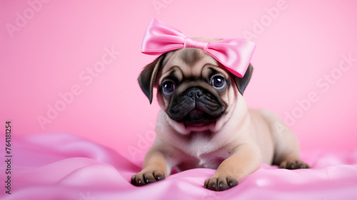 A small pug puppy in the form of a gift sits on a pink cloth with a bright bow on its head. The concept of a birthday gift. A funny puppy with a place to copy text.The pug is waiting for its new owner © Nonna