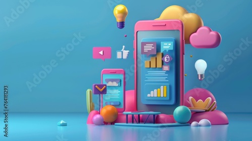 Mobile app development process rendered in engaging 3D cartoon graphics, emphasizing innovation and user interface