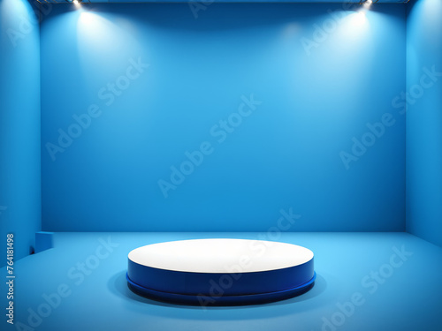Blue Display Background, Product Display Podium platform, studio stage pedestal light, abstract blue scene, minimal s modern interior, ad, podium platform, product presentation space, advertisement © aiximagination