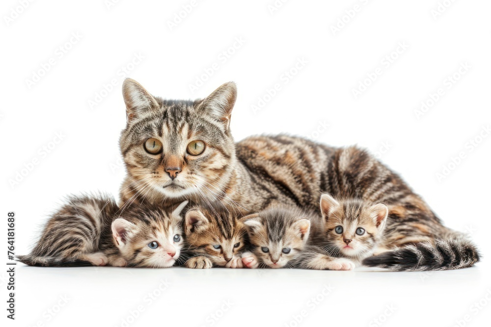 Cat and a bunch of small just born kittens on a white background