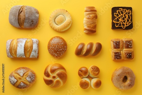 Different types of bread, rolls and pastries, food concept isolated on yellow pastel background