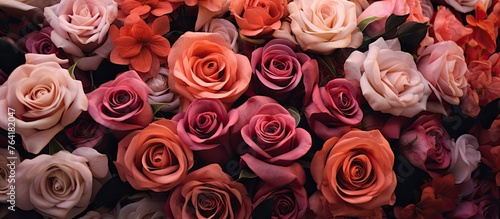 A collection of diverse colored roses are bunched together in a floral arrangement