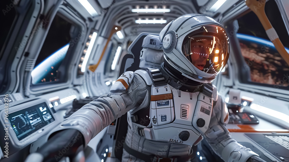 An astronaut in spacesuit with the latest sensors and HUD data signals flies in zero gravity inside spaceship against the background of huge window