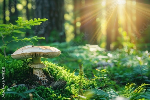 Fresh healthy mushroom in green sunny coniferous forest photo
