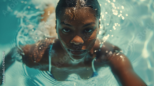 A Black Woman Swimming Butterfly Stroke Daytime, Generative AI, Swim Athlete Outdoor Pool