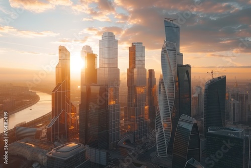 Modern and luxury skyscrapers in megapolis city sunset light during sunny day