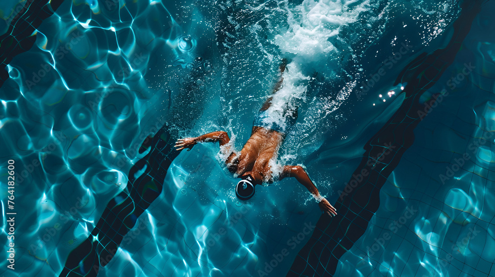 young man swims in blue water, tropical vacation, holiday concept, ai generated - obrazy, fototapety, plakaty 