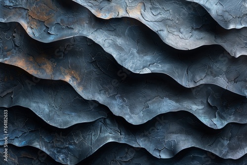 An intricate pattern of undulating abstract textures in varying shades of blue and hints of orange