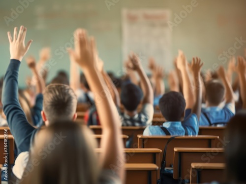 Students in Classroom Raising Hands Generative AI