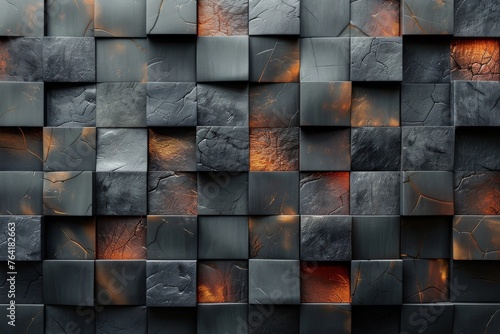 3D render of a wall texture with square tiles and luminous orange cracks contrasting against the dark stone photo