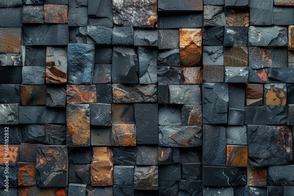 An intricate wall made of black stone tiles with natural orange highlights and rustic texture An intricate wall made of black stone tiles with natural orange highlights and rustic texture