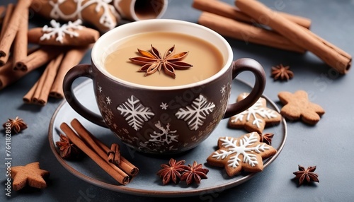 Masala tea in ceramic cup with winter spices and gingerbread cookies photo