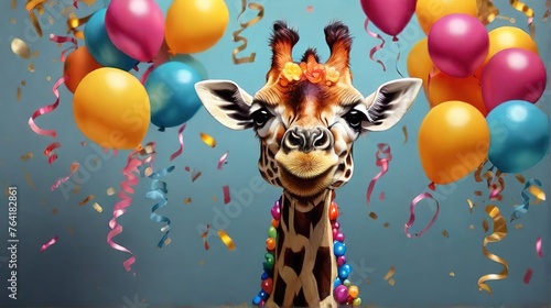 Cute giraffe birthday portrait. Giraffe on the background of balloons, birthday, party, pet, decoration.