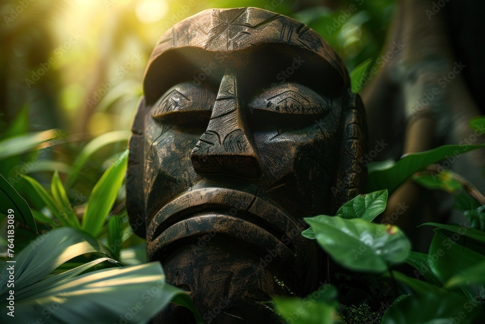 Realistic photo of a Tropical tiki mask, mystical symbol of the enigmatic lost tribe in the jungle - obrazy, fototapety, plakaty 