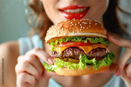 portrait of woman eating delicious cheeseburger on color background