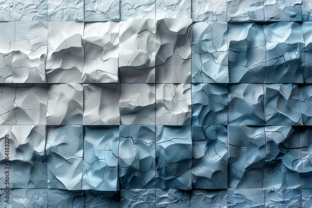 A modern artistic wall featuring a mosaic of tiles with varying degrees of cracks and cool hues of blue and grey A modern artistic wall featuring a mosaic of tiles with varying degrees of cracks and cool hues of blue and grey