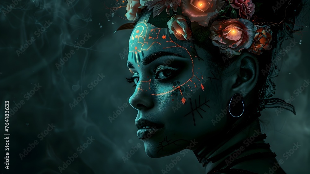 Dark-Skinned Woman with Glowing Flowers in Her Hair and Day of the Dead Makeup in a Mysterious Dark Fantasy Digital Dark-Skinned Woman with Glowing Flowers in Her Hair and Day of the Dead Makeup in a Mysterious Dark Fantasy Digital