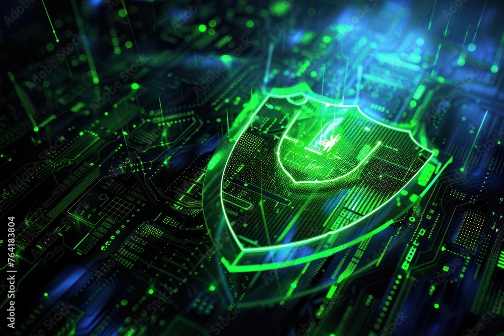 A green shield symbol glowing on a dark blue technology background