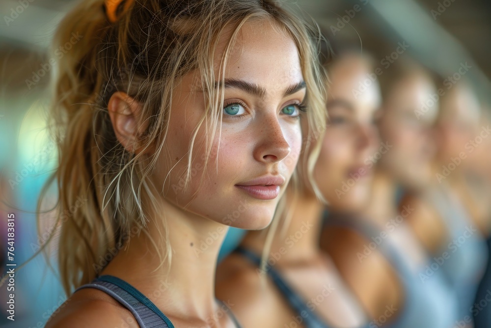 An engaged young woman with intense blue eyes in line for an exercise machine at the gym An engaged young woman with intense blue eyes in line for an exercise machine at the gym
