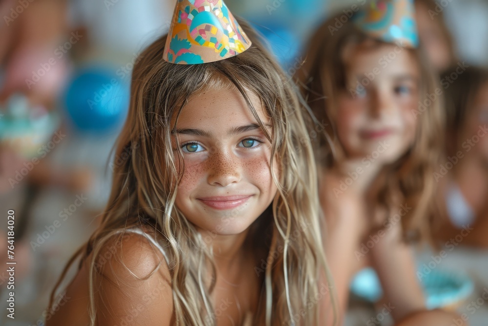 This joyful image captures a young girl with sun-kissed freckles wearing a party hat at a celebration This joyful image captures a young girl with sun-kissed freckles wearing a party hat at a celebration