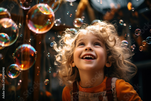 Happy Child Playing with Bubbles in Sunlight.