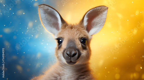 Baby kangaroo gray-brown, with brown eyes and big ears, funny, smart, beautiful, on a bright background, close-up