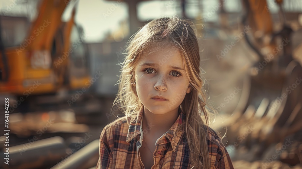 Charming girl on construction site, professional portrait photo