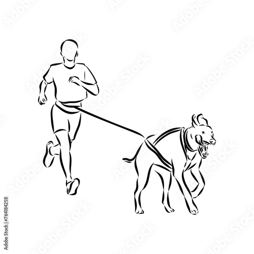 Scenes of dog training with cartoon characters of man and his pet learning various commands