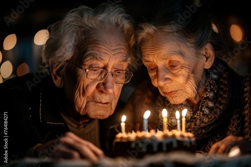 Intimate image of an elderly couple sharing a moment while blowing out birthday candles, symbolizing love and lifelong companionship photo