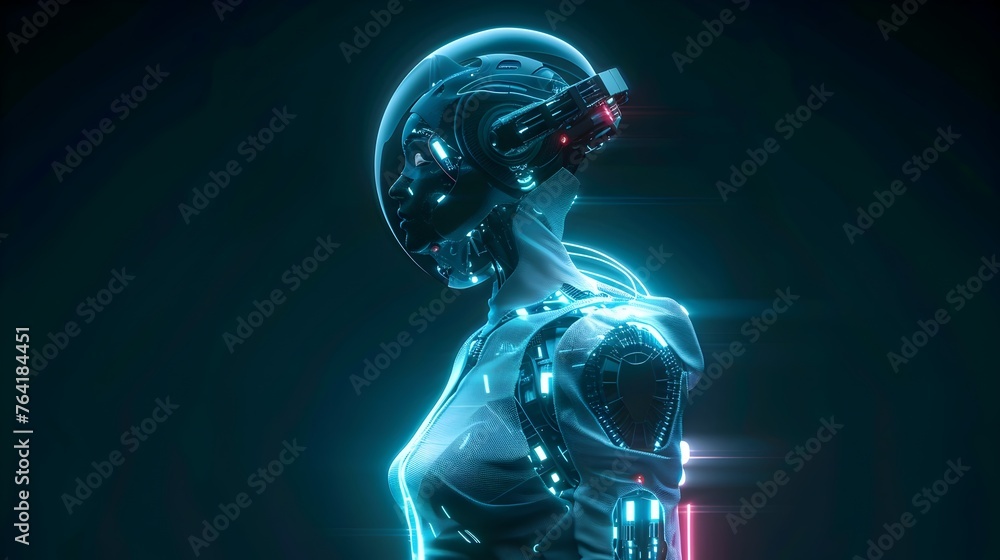 Futuristic Female Robot Standing in Profile with Glowing Neon Lights in a Cinematic Style Futuristic Female Robot Standing in Profile with Glowing Neon Lights in a Cinematic Style
