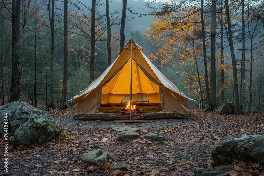 A glowing tent pitched among rocks and trees signifies a peaceful night outdoors A glowing tent pitched among rocks and trees signifies a peaceful night outdoors