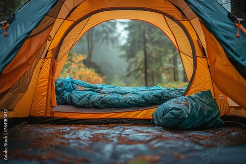 View from inside a tent of a sleeping bag ready in a lush green forest